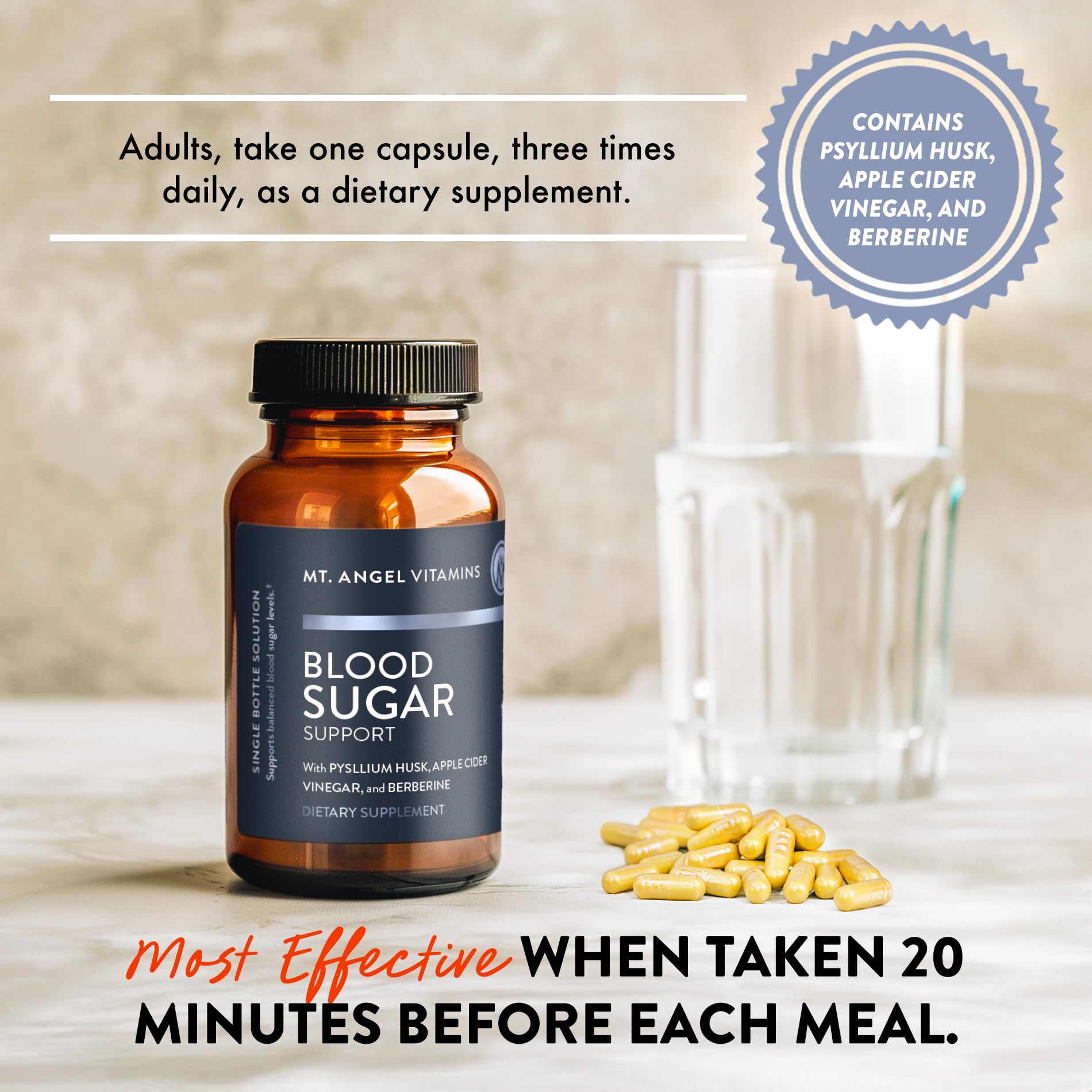 Mt. Angel Vitamins Blood Sugar Support Supplement - Natural Supplement with Pysllium Husk, Berberine with Ceylon Cinnamon, and Apple Cider Vinegar - Supports Healthy Blood Sugar Levels - 60 Capsules - dailyvitalstore