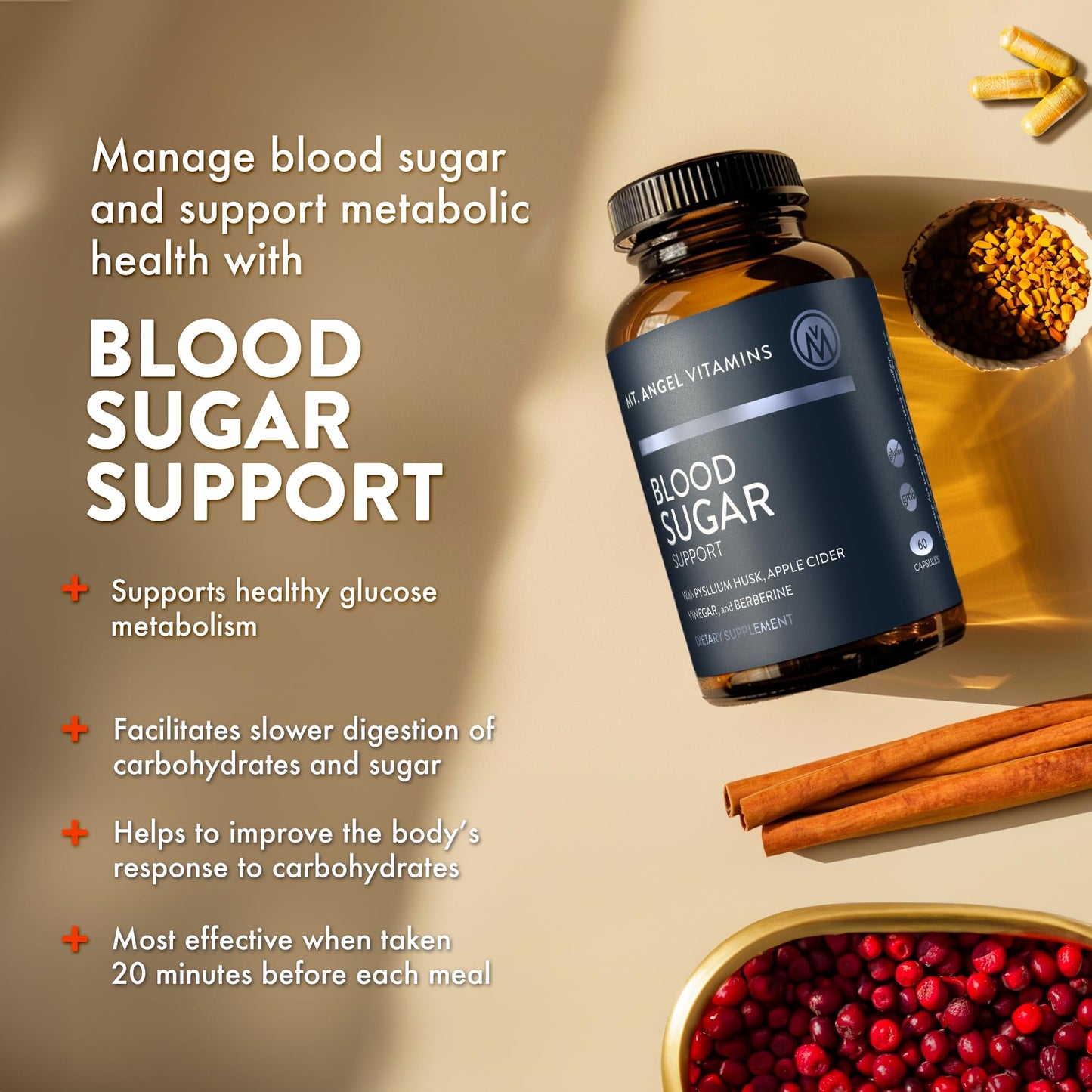 Mt. Angel Vitamins Blood Sugar Support Supplement - Natural Supplement with Pysllium Husk, Berberine with Ceylon Cinnamon, and Apple Cider Vinegar - Supports Healthy Blood Sugar Levels - 60 Capsules - dailyvitalstore