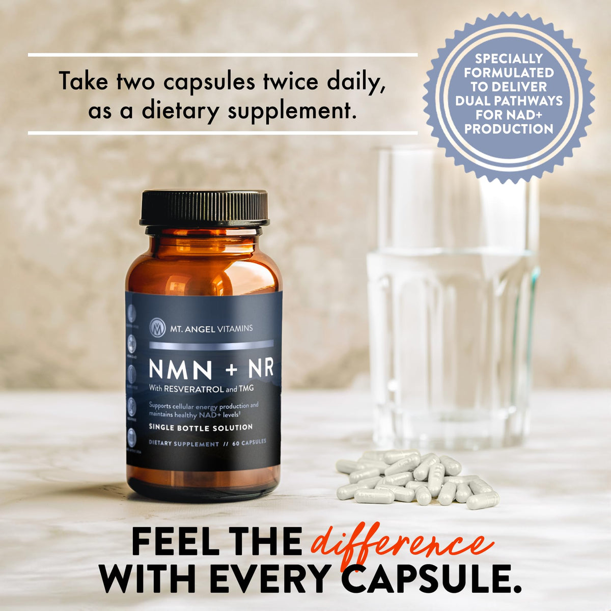 Mt. Angel Vitamins NMN Supplement + NR with Resveratrol & TMG, Dual NAD+ Precursors for Cellular Energy & Healthy Aging, 60 Capsules - dailyvitalstore