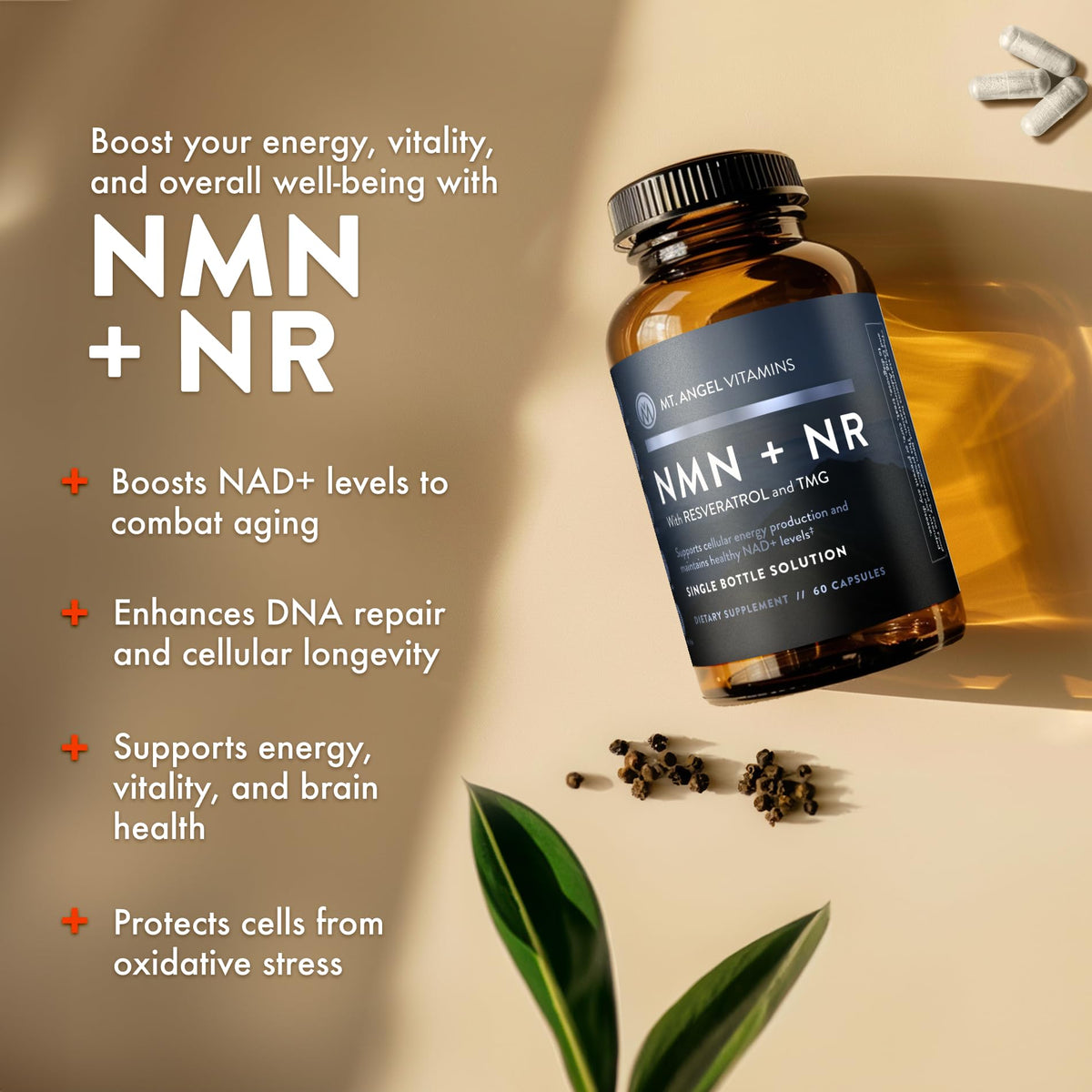 Mt. Angel Vitamins NMN Supplement + NR with Resveratrol & TMG, Dual NAD+ Precursors for Cellular Energy & Healthy Aging, 60 Capsules - dailyvitalstore