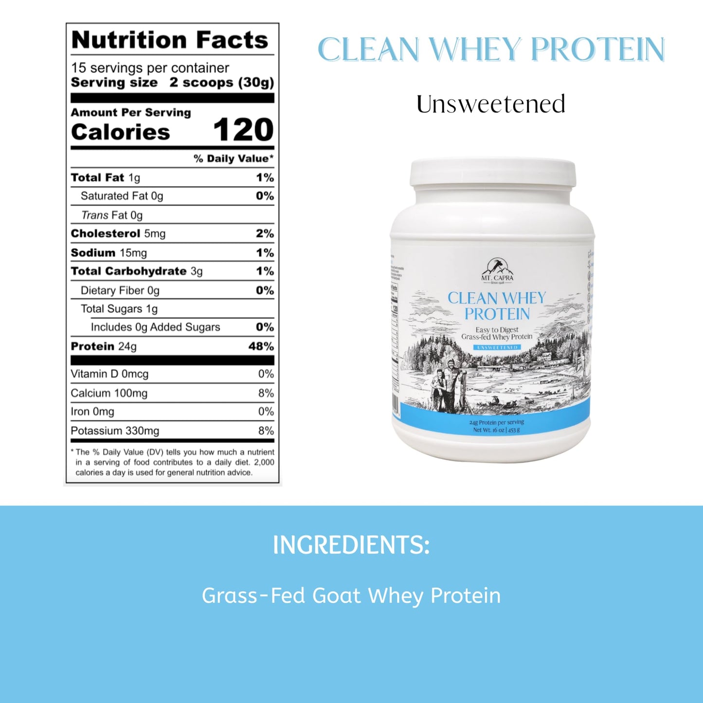 Mt. Capra Clean Whey Protein | Grass-Fed Undenatured Goat Whey Protein Powder | 24 g Protein Per Serving, All Natural, Non-GMO, High in Branch Chain Amino Acids | Unsweetened | 15 Servings - 16 oz - dailyvitalstore