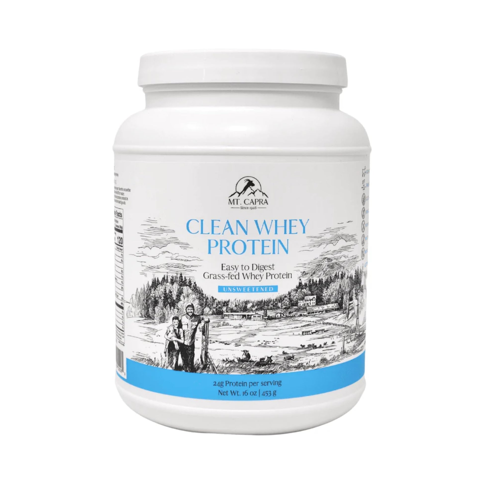 Mt. Capra Clean Whey Protein | Grass-Fed Undenatured Goat Whey Protein Powder | 24 g Protein Per Serving, All Natural, Non-GMO, High in Branch Chain Amino Acids | Unsweetened | 15 Servings - 16 oz - dailyvitalstore