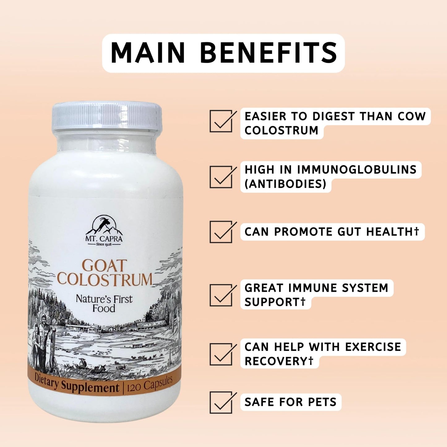 Mt. Capra Goat Colostrum | for Healthy Immune System, Gut, and Athletic Performance | Grass-Fed, High in Immunoglobulins | 30 Servings - 120 Capsules - dailyvitalstore