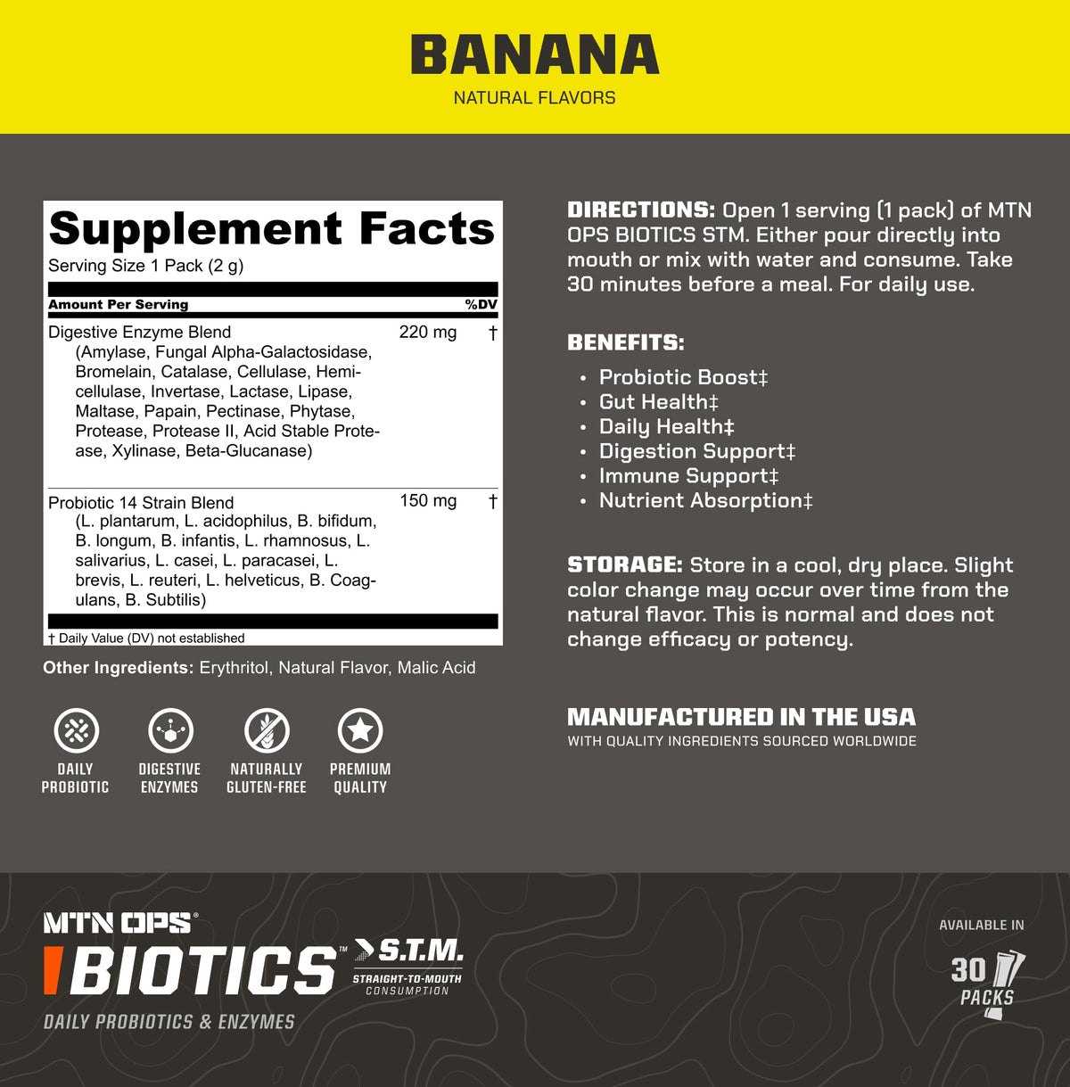 MTN OPS Biotics STM On‑the‑Go Probiotic Supplement for Gut Health, Digestion & Immune Support – Sugar‑Free, Natural Flavors Variety Pack, 30 Servings – Fast, Convenient Daily Gut Health Formula - dailyvitalstore