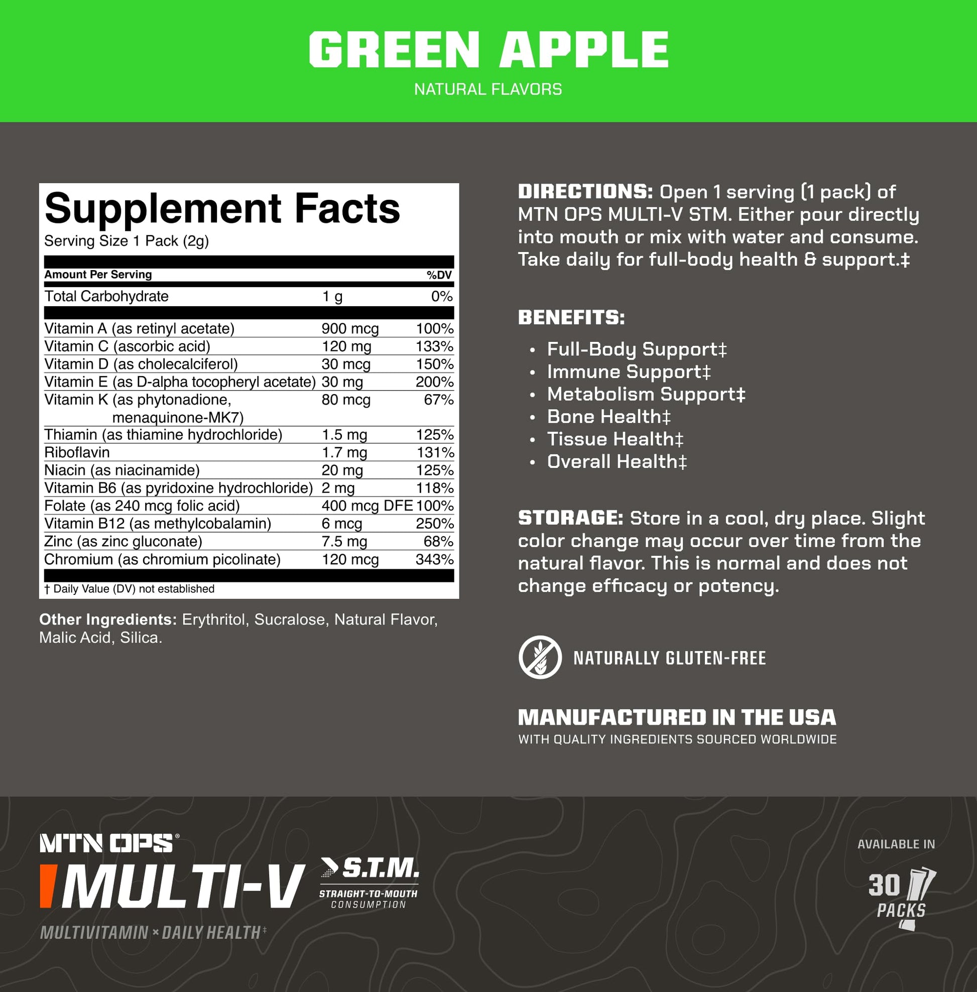 MTN OPS Multi‑V STM On‑the‑Go Daily Multivitamin for Men, Women & Kids – Straight‑to‑Mouth Vitamin C D3 B Zinc Packs – Gluten Free, Natural Flavors, 30 Servings - dailyvitalstore