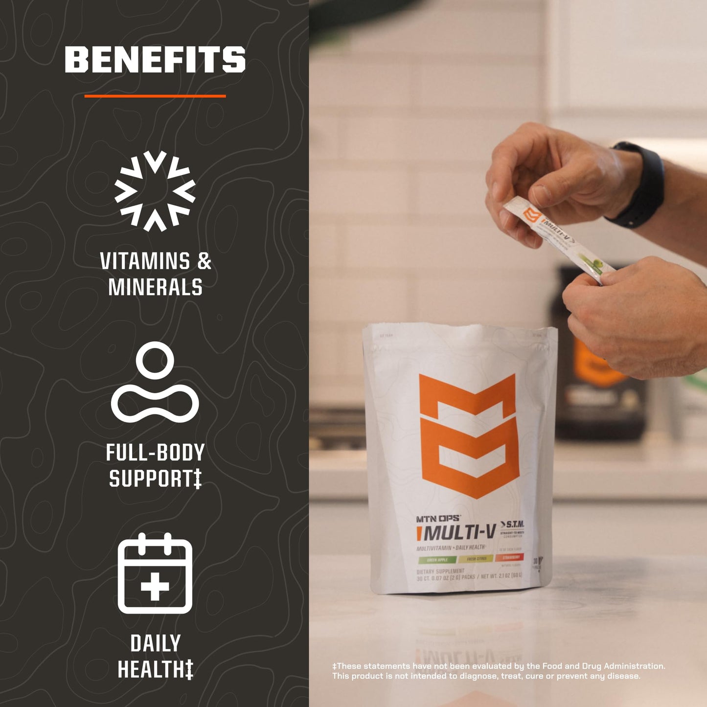 MTN OPS Multi‑V STM On‑the‑Go Daily Multivitamin for Men, Women & Kids – Straight‑to‑Mouth Vitamin C D3 B Zinc Packs – Gluten Free, Natural Flavors, 30 Servings - dailyvitalstore