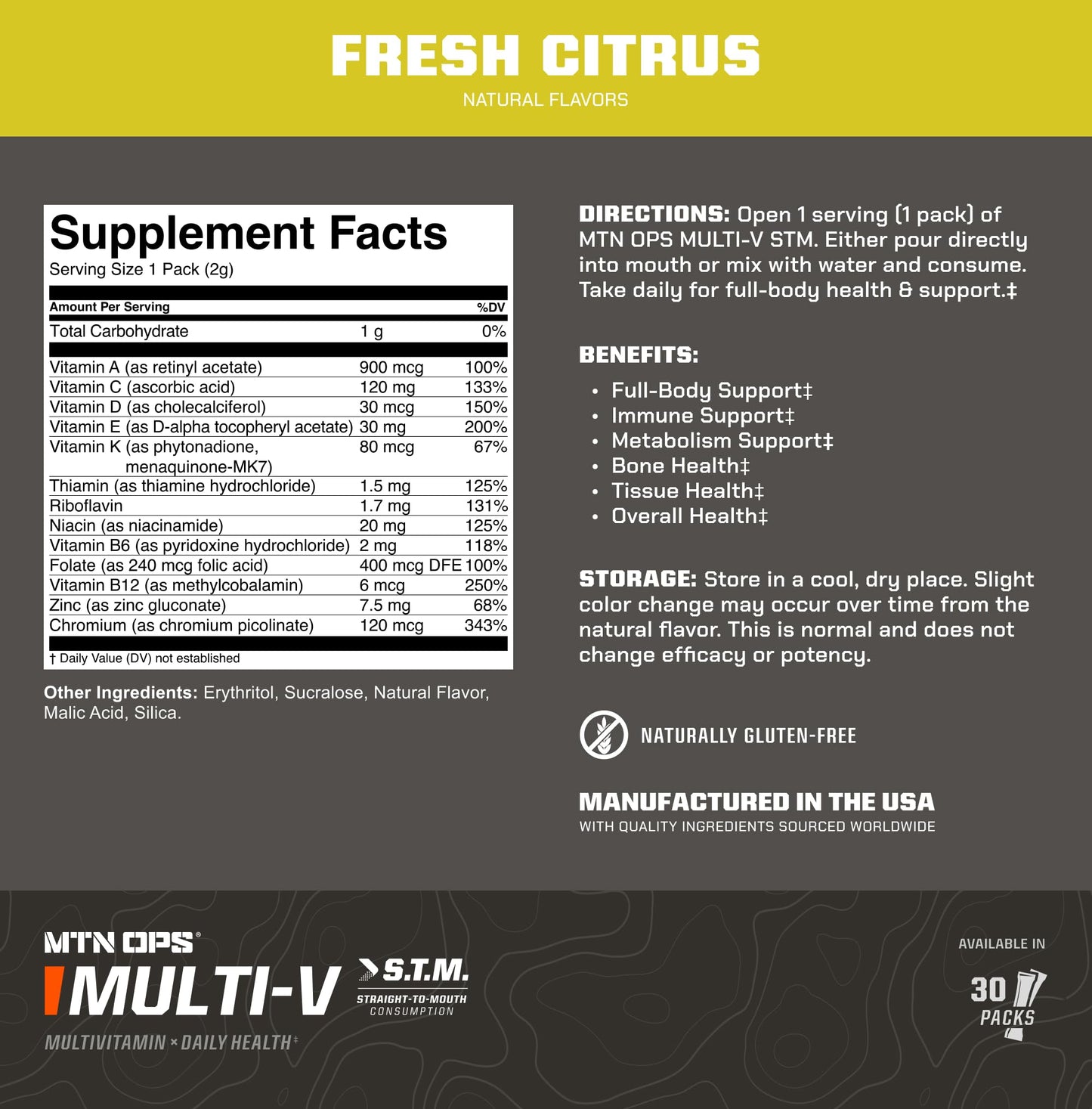 MTN OPS Multi‑V STM On‑the‑Go Daily Multivitamin for Men, Women & Kids – Straight‑to‑Mouth Vitamin C D3 B Zinc Packs – Gluten Free, Natural Flavors, 30 Servings - dailyvitalstore
