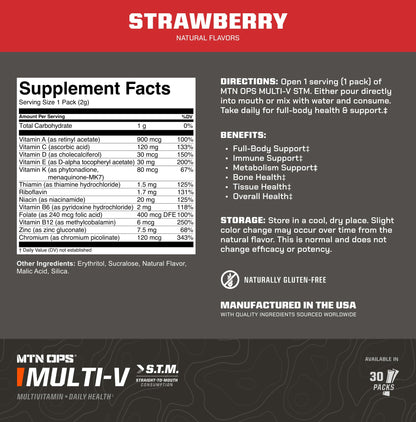 MTN OPS Multi‑V STM On‑the‑Go Daily Multivitamin for Men, Women & Kids – Straight‑to‑Mouth Vitamin C D3 B Zinc Packs – Gluten Free, Natural Flavors, 30 Servings - dailyvitalstore