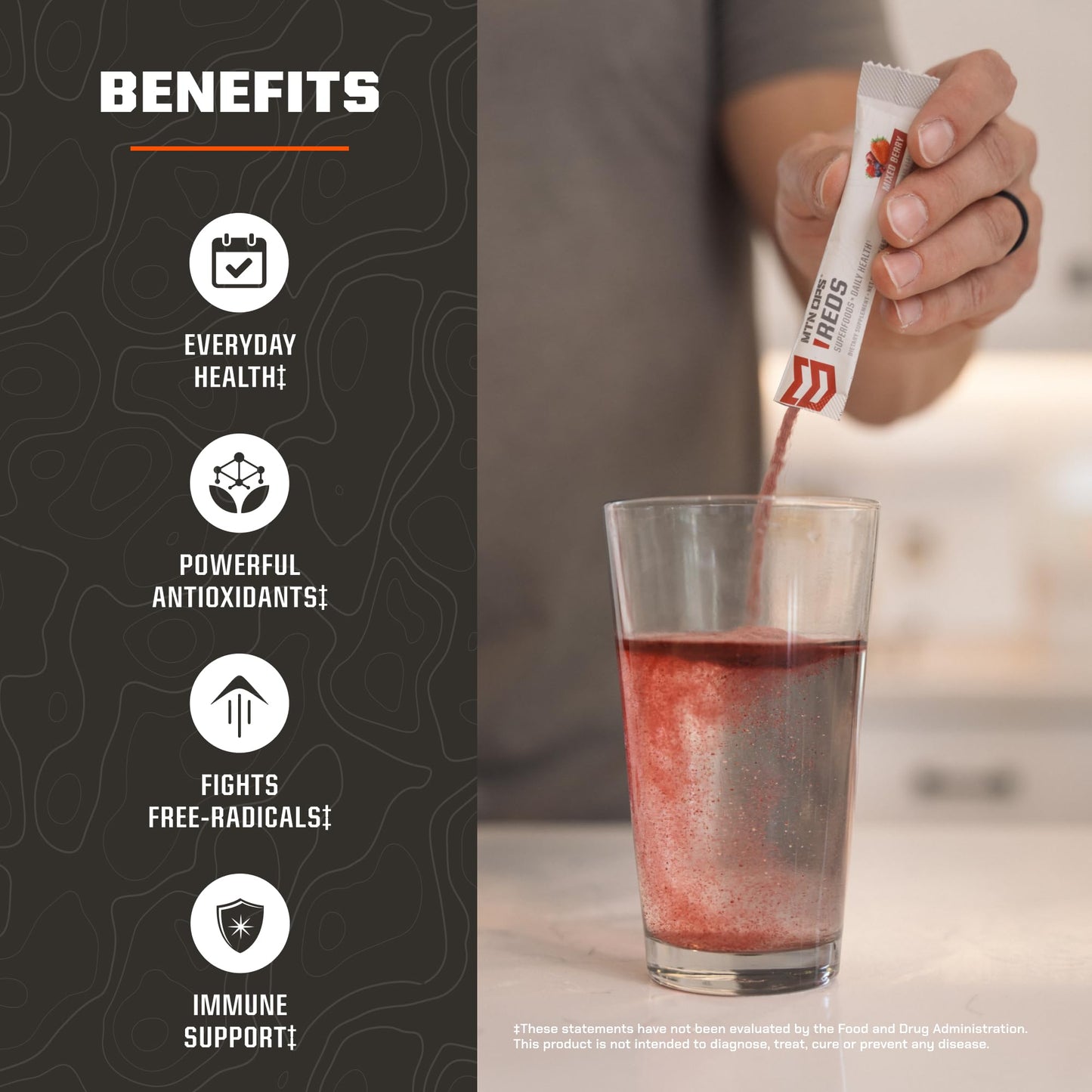 MTN OPS Reds Super Reds Antioxidant Drink Powder Daily Health Blend with Phytonutrients Free Radical Support 30 On The Go Stick Packs - dailyvitalstore
