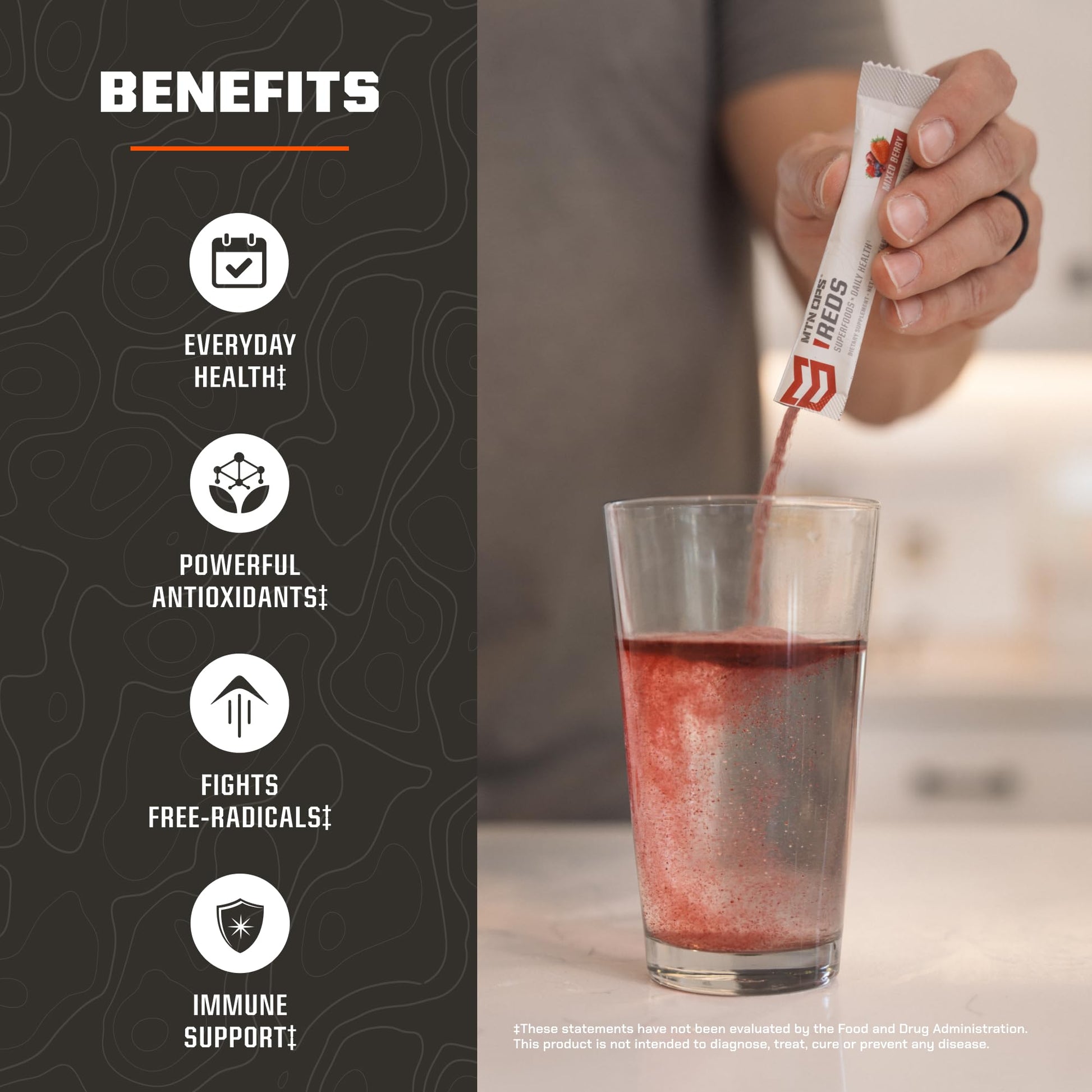 MTN OPS Reds Super Reds Antioxidant Drink Powder Daily Health Blend with Phytonutrients Free Radical Support 30 On The Go Stick Packs - dailyvitalstore