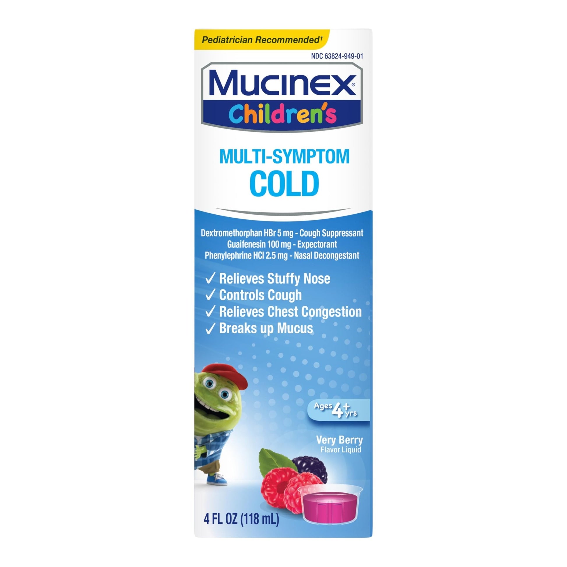 Mucinex Children's Multi-Symptom Cold Medicine, Kids Cough Medicine, Mucinex Kids Medicine/Decongestant with Dextromethorphan HBr, Guaifenesin, Phenylephrine HCl, Very Berry Flavor Liquid, 4 Fl Oz - dailyvitalstore