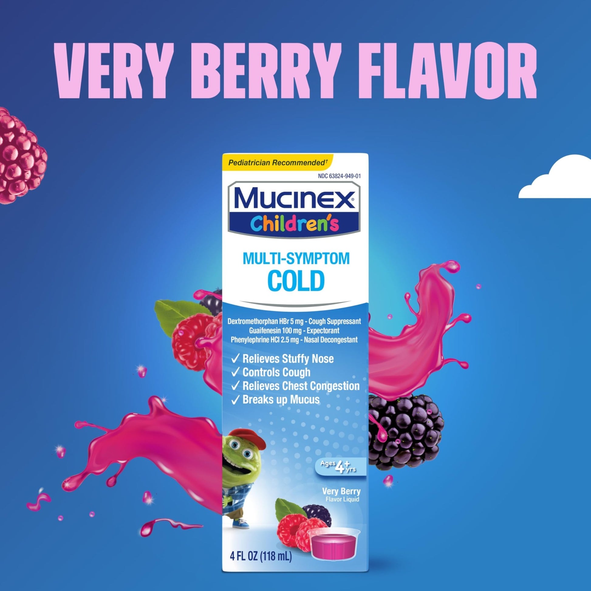 Mucinex Children's Multi-Symptom Cold Medicine, Kids Cough Medicine, Mucinex Kids Medicine/Decongestant with Dextromethorphan HBr, Guaifenesin, Phenylephrine HCl, Very Berry Flavor Liquid, 4 Fl Oz - dailyvitalstore
