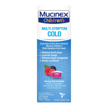 Mucinex Children's Multi-Symptom Cold Medicine, Kids Cough Medicine, Mucinex Kids Medicine/Decongestant with Dextromethorphan HBr, Guaifenesin, Phenylephrine HCl, Very Berry Flavor Liquid, 4 Fl Oz - dailyvitalstore