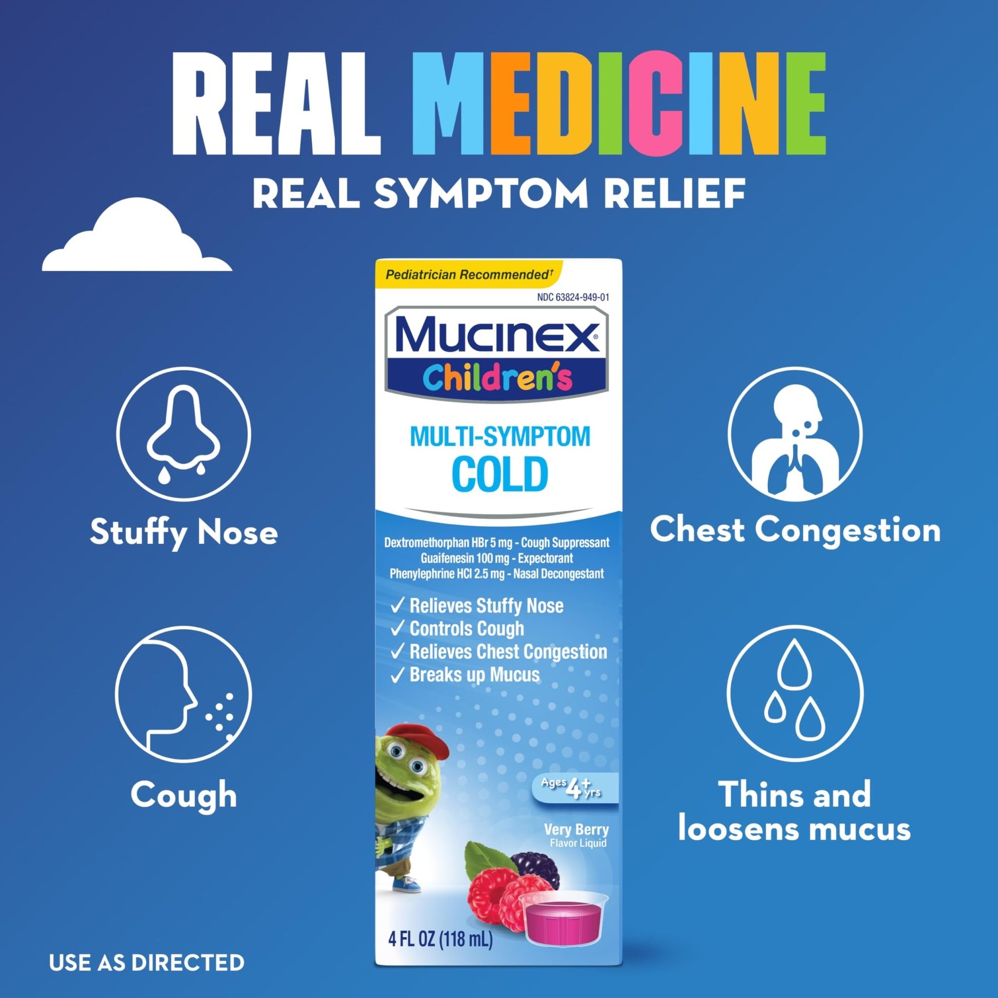 Mucinex Children's Multi-Symptom Cold Medicine, Kids Cough Medicine, Mucinex Kids Medicine/Decongestant with Dextromethorphan HBr, Guaifenesin, Phenylephrine HCl, Very Berry Flavor Liquid, 4 Fl Oz - dailyvitalstore