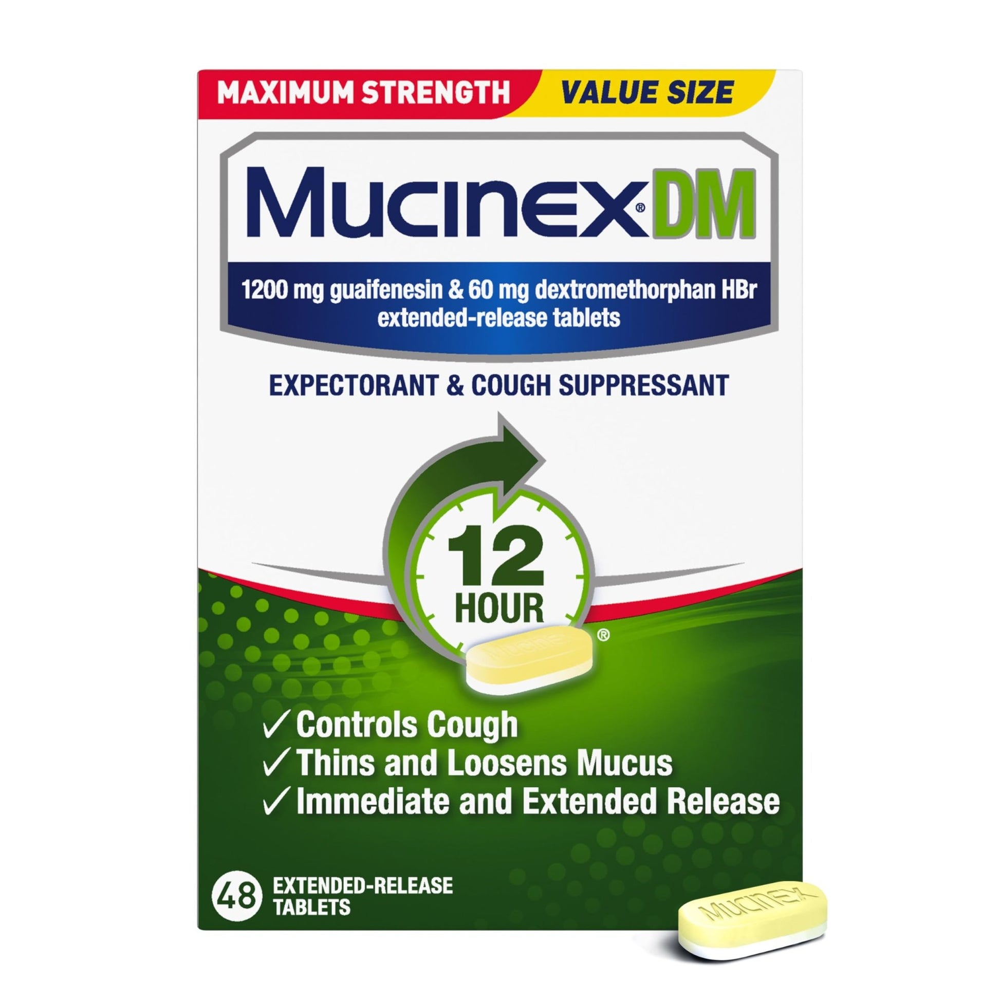 Mucinex DM 12Hr Maximum Strength Chest Congestion & Cough Medicine for Adults, Cold and Cough Medicine for Excess Mucus Relief, 1200 mg Guaifenesin & 60 mg Dextromethorphan HBr, 48 Bi-Layer Tablets - dailyvitalstore