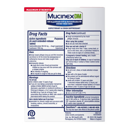 Mucinex DM 12Hr Maximum Strength Chest Congestion & Cough Medicine for Adults, Cold and Cough Medicine for Excess Mucus Relief, 1200 mg Guaifenesin & 60 mg Dextromethorphan HBr, 48 Bi-Layer Tablets - dailyvitalstore