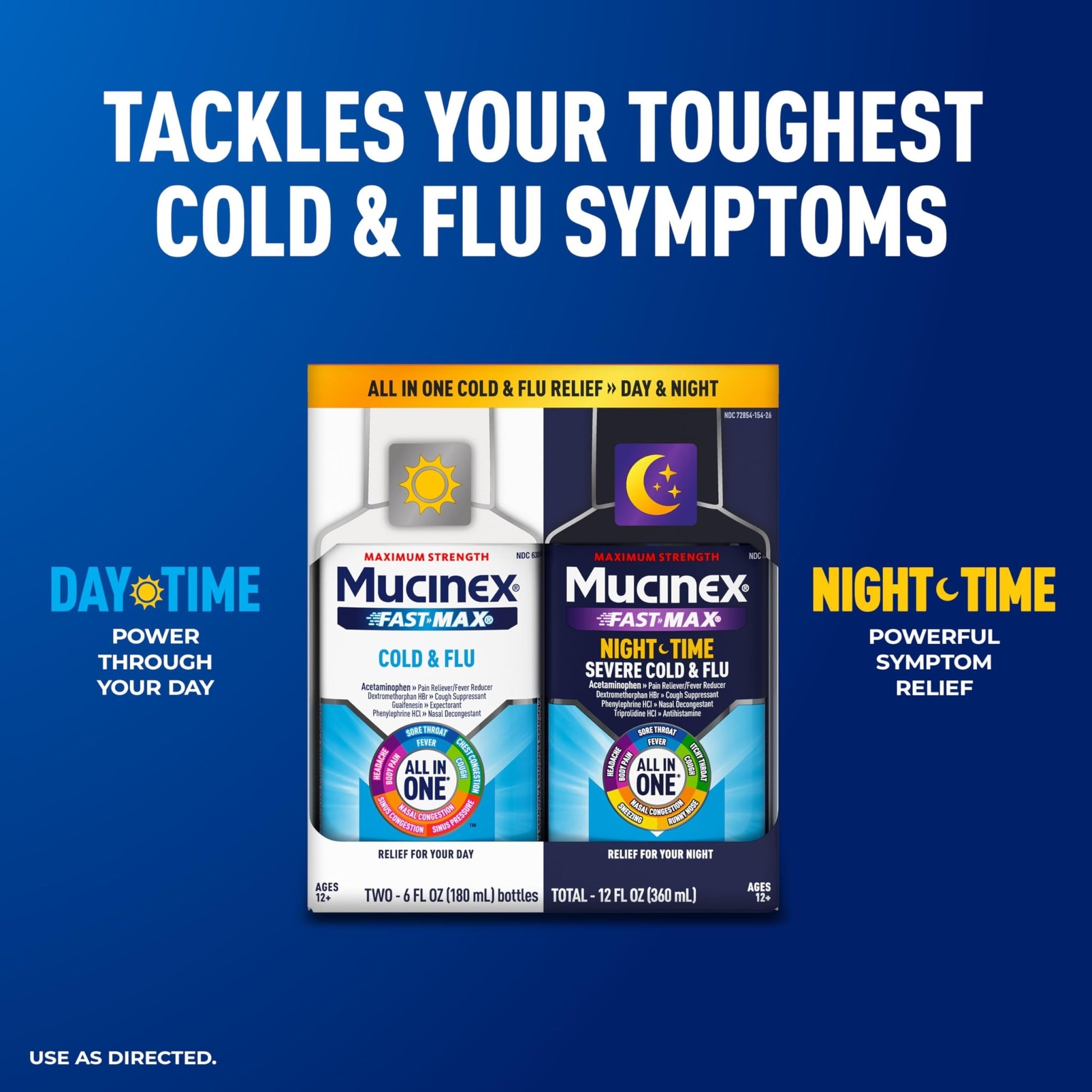Mucinex Fast-Max Cold and Flu & Nightshift Medicine for Adults, Over-The-Counter Medication Combo Pack for Sore Throat Relief, Decongestant, Cough & Cold Medicine (2 x 6 Fl Oz) - dailyvitalstore
