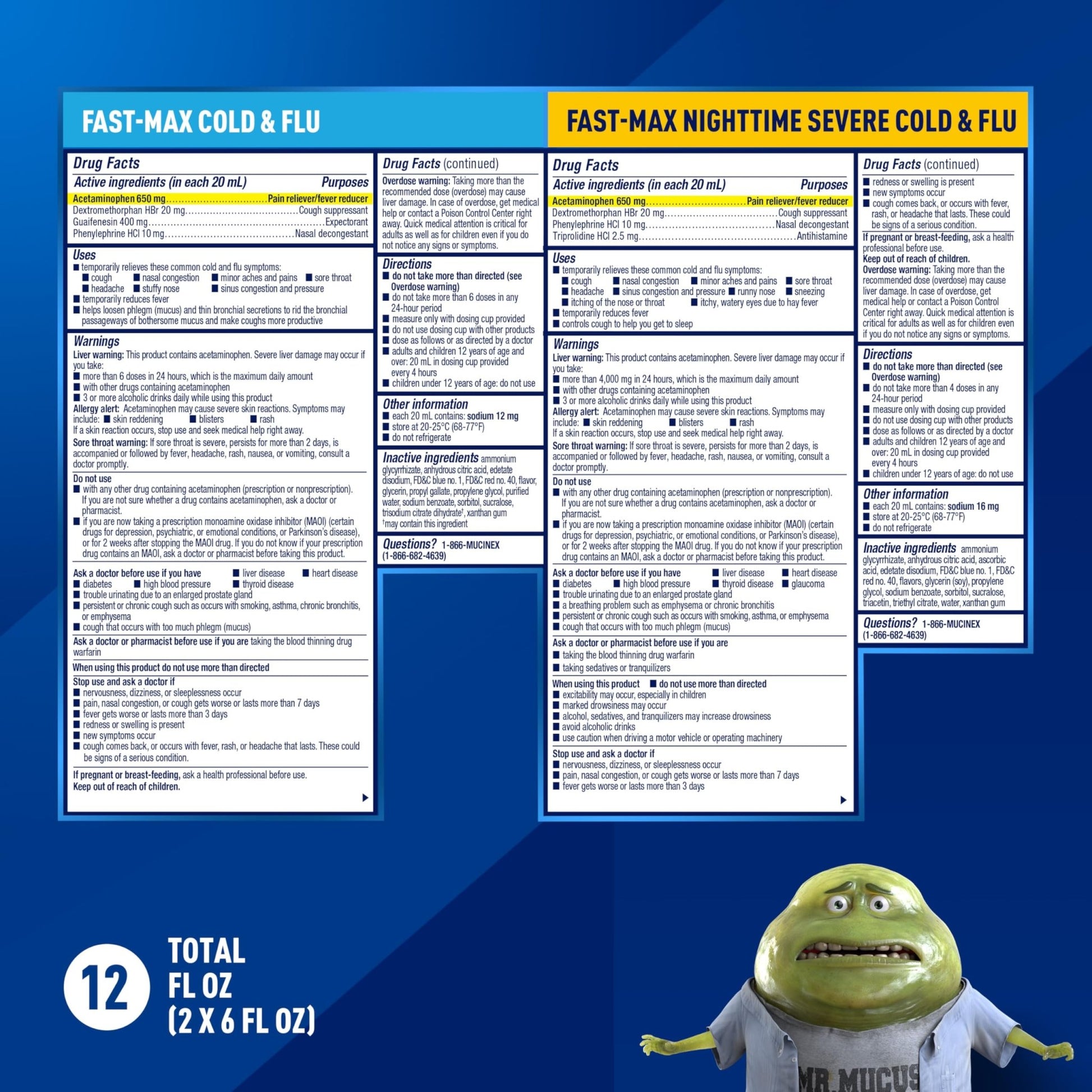 Mucinex Fast-Max Cold and Flu & Nightshift Medicine for Adults, Over-The-Counter Medication Combo Pack for Sore Throat Relief, Decongestant, Cough & Cold Medicine (2 x 6 Fl Oz) - dailyvitalstore