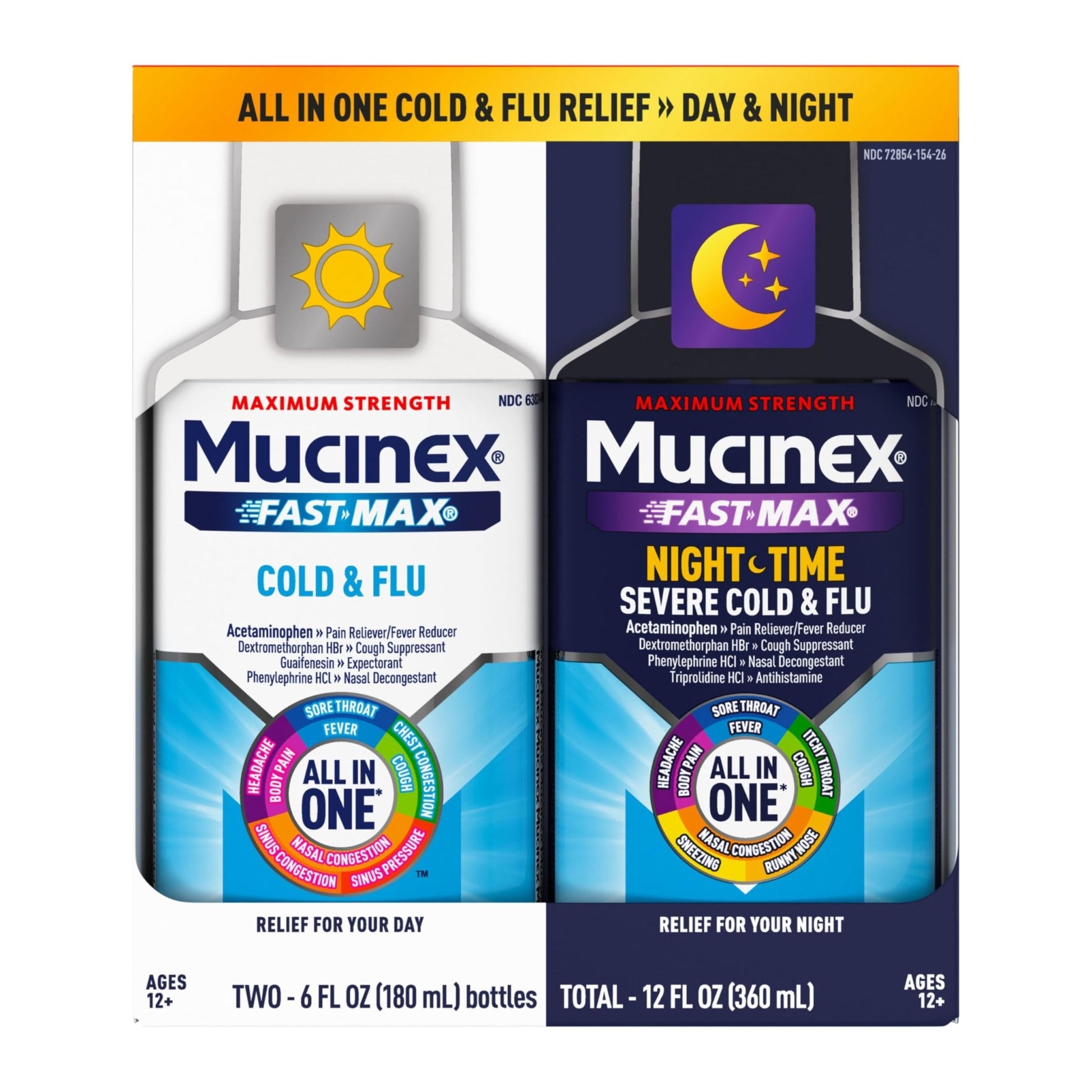 Mucinex Fast-Max Cold and Flu & Nightshift Medicine for Adults, Over-The-Counter Medication Combo Pack for Sore Throat Relief, Decongestant, Cough & Cold Medicine (2 x 6 Fl Oz) - dailyvitalstore