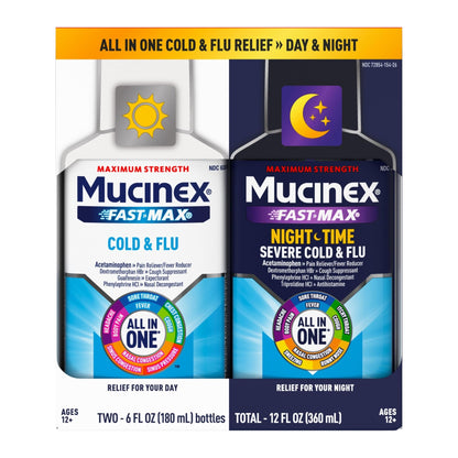 Mucinex Fast-Max Cold and Flu & Nightshift Medicine for Adults, Over-The-Counter Medication Combo Pack for Sore Throat Relief, Decongestant, Cough & Cold Medicine (2 x 6 Fl Oz) - dailyvitalstore
