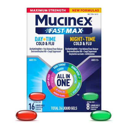 Mucinex Fast-Max Maximum Strength Day & Night Cold and Flu Medicine for Adults, Powerful Over-The-Counter Medication for Cold & Flu Symptoms, Fast Dissolving Liquid Gels, 24 Count - dailyvitalstore