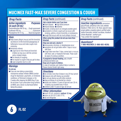 Mucinex Fast-Max Severe Congestion & Cough Medicine, Maximum Strength Symptom Relief, Over-The-Counter Medication, Cold Medicine, Cough Suppressant, Expectorant, Nasal Decongestant, 6 FL OZ - dailyvitalstore