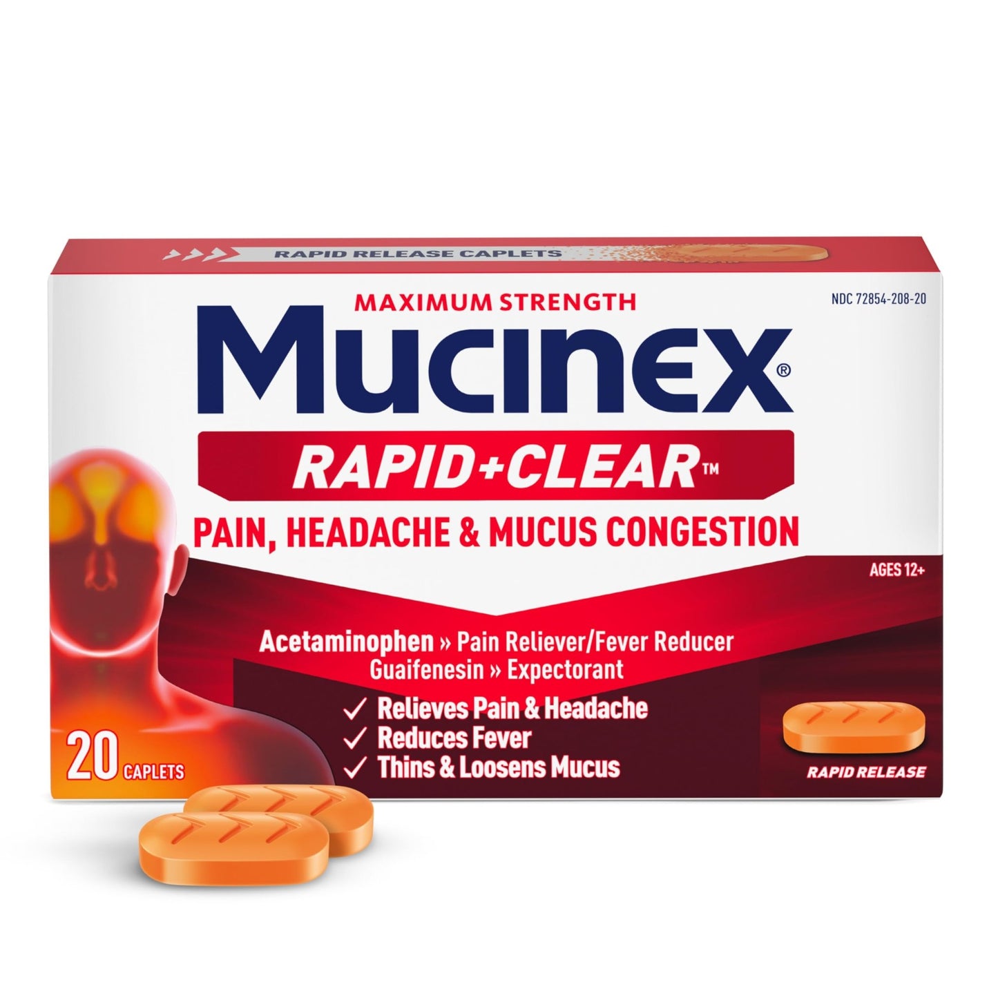 Mucinex Rapid Clear Maximum Strength Cold Medicine & Expectorant, Fever, Pain, Headache, & Excess Mucus Relief with Acetaminophen & Guaifenesin, Rapid Release Caplets for Adults, 20 Count - dailyvitalstore
