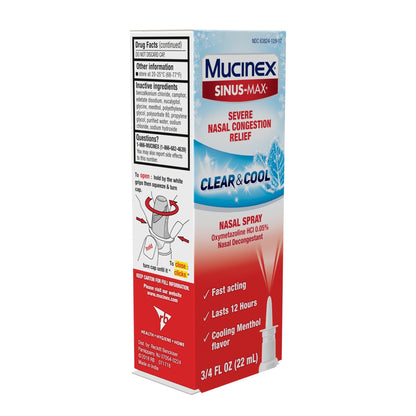 Mucinex Sinus-Max Nasal Spray Decongestant, 12 Hour Over-The-Counter Medication Nose Spray for Sinus Relief, Nasal Decongestants for Adults & Sinus Congestion, Clear & Cool 3/4 Fl Oz(22ML) - dailyvitalstore