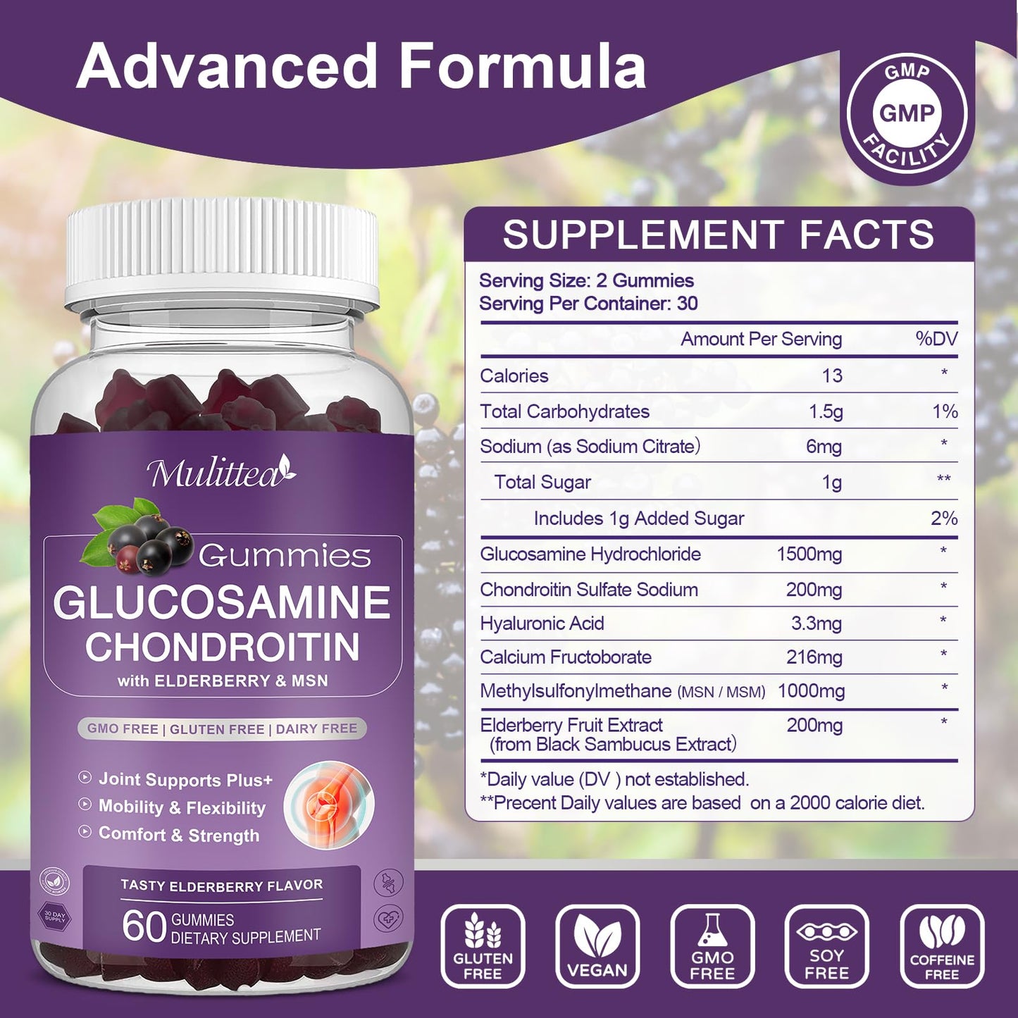 Mulittea Glucosamine Chondroitin Gummies - Extra Strength Joint Support Supplement with MSM & Elderberry for Natural Joint, Antioxidant Immune Support for Adults, Men & Women-(2 Pack) - dailyvitalstore
