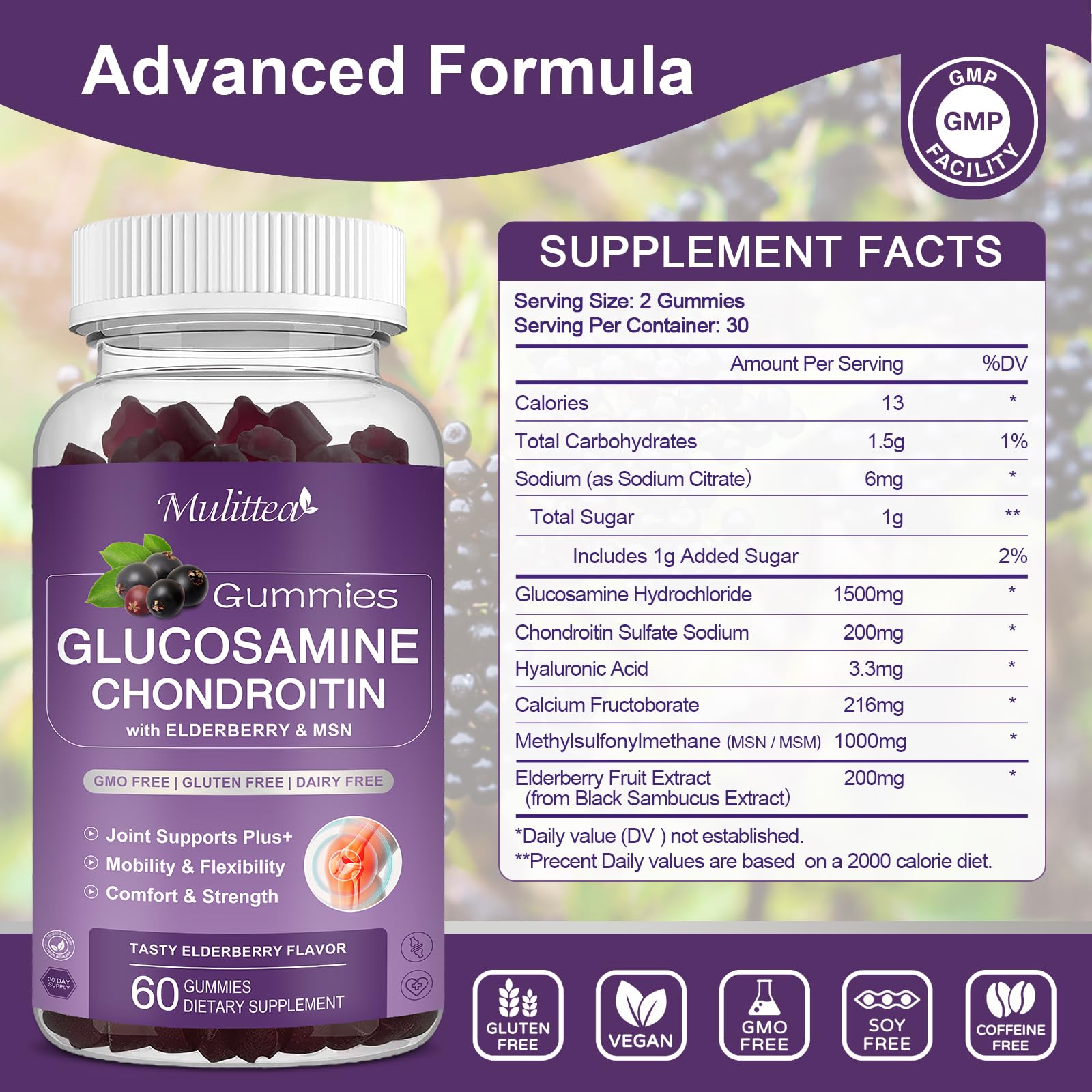 Mulittea Glucosamine Chondroitin Gummies - Extra Strength Joint Support Supplement with MSM & Elderberry for Natural Joint, Antioxidant Immune Support for Adults, Men & Women-(2 Pack) - dailyvitalstore