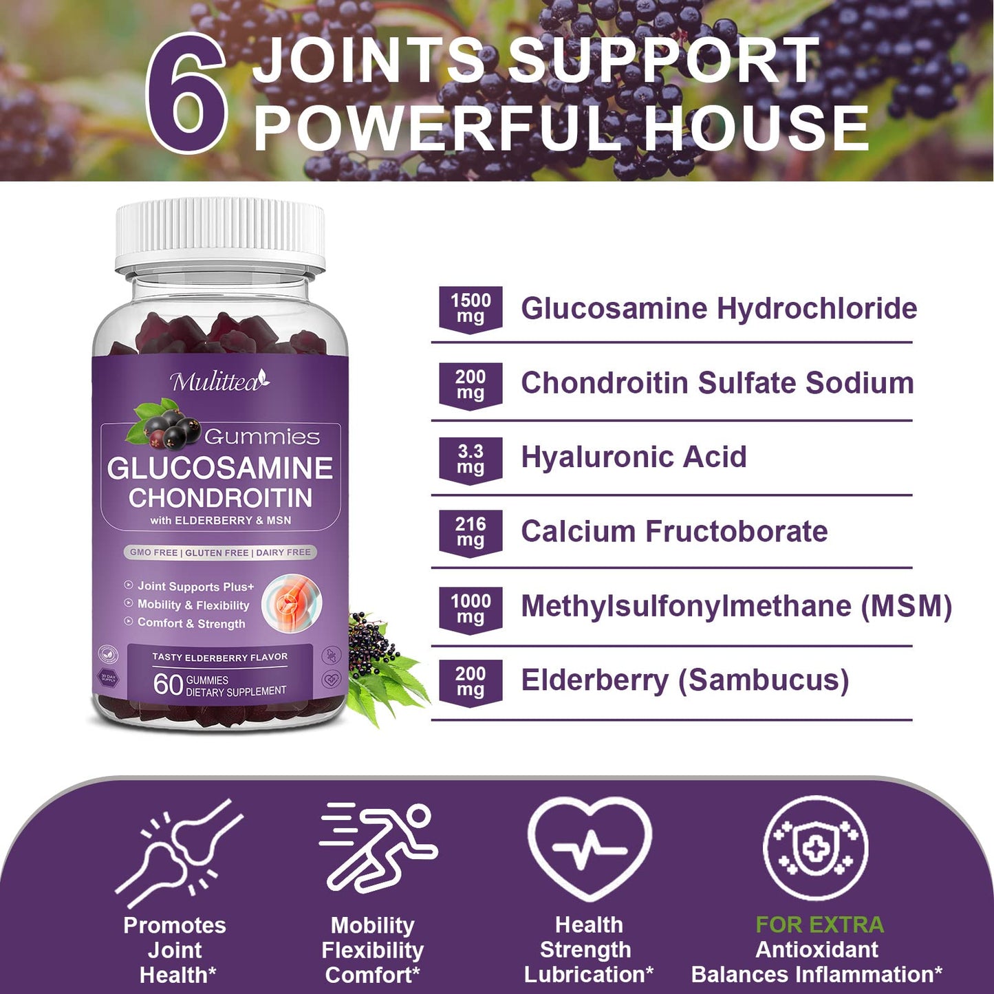 Mulittea Glucosamine Chondroitin Gummies - Extra Strength Joint Support Supplement with MSM & Elderberry for Natural Joint, Antioxidant Immune Support for Adults, Men & Women-(2 Pack) - dailyvitalstore