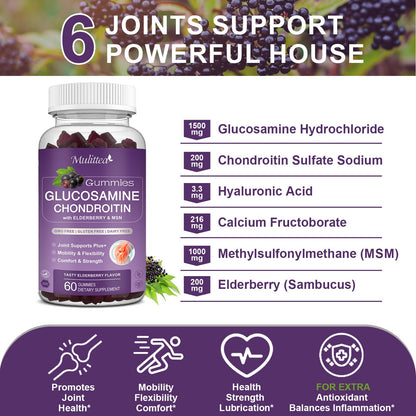 Mulittea Glucosamine Chondroitin Gummies - Extra Strength Joint Support Supplement with MSM & Elderberry for Natural Joint, Antioxidant Immune Support for Adults, Men & Women-(2 Pack) - dailyvitalstore