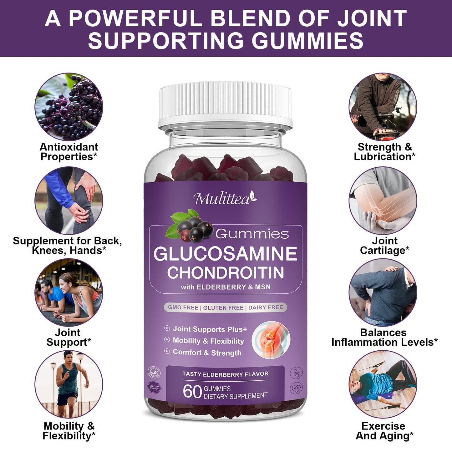 Mulittea Glucosamine Chondroitin Gummies - Extra Strength Joint Support Supplement with MSM & Elderberry for Natural Joint, Antioxidant Immune Support for Adults, Men & Women-(2 Pack) - dailyvitalstore