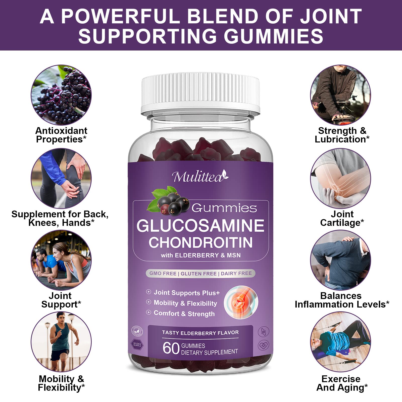 Mulittea Glucosamine Chondroitin Gummies - Extra Strength Joint Support Supplement with MSM & Elderberry for Natural Joint, Antioxidant Immune Support for Adults, Men & Women-(2 Pack) - dailyvitalstore