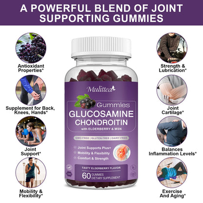 Mulittea Glucosamine Chondroitin Gummies - Extra Strength Joint Support Supplement with MSM & Elderberry for Natural Joint, Antioxidant Immune Support for Adults, Men & Women-(2 Pack) - dailyvitalstore