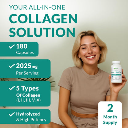 Multi Collagen 180 Protein Capsules - Type I, II, III, V, X Collagen Pills - Proprietary Blend of Eggshell, Chicken, Wild Fish & Grass-Fed - dailyvitalstore