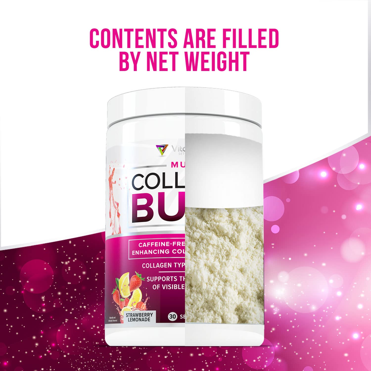 Multi Collagen Burn: Hydrolyzed Protein Peptides with Hyaluronic Acid, Vitamin C, SOD B Dimpless, Types I, II, III, V and X, Caffeine-Free Strawberry - dailyvitalstore