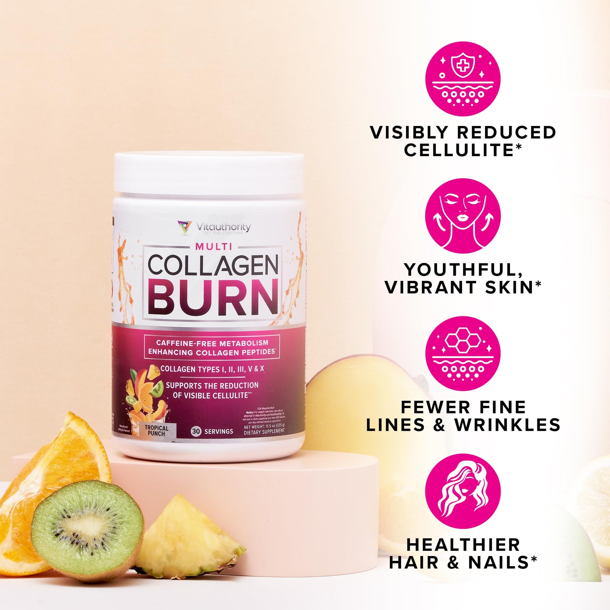 Multi Collagen Burn: Hydrolyzed Protein Peptides with Hyaluronic Acid, Vitamin C, SOD B Dimpless, Types I, II, III, V and X, Caffeine-Free Strawberry - dailyvitalstore