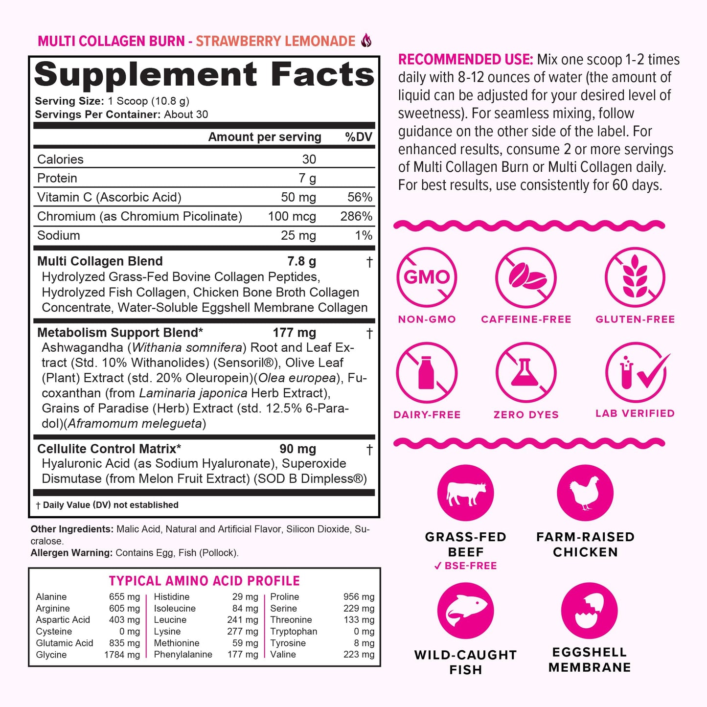Multi Collagen Burn: Hydrolyzed Protein Peptides with Hyaluronic Acid, Vitamin C, SOD B Dimpless, Types I, II, III, V and X, Caffeine-Free Strawberry - dailyvitalstore
