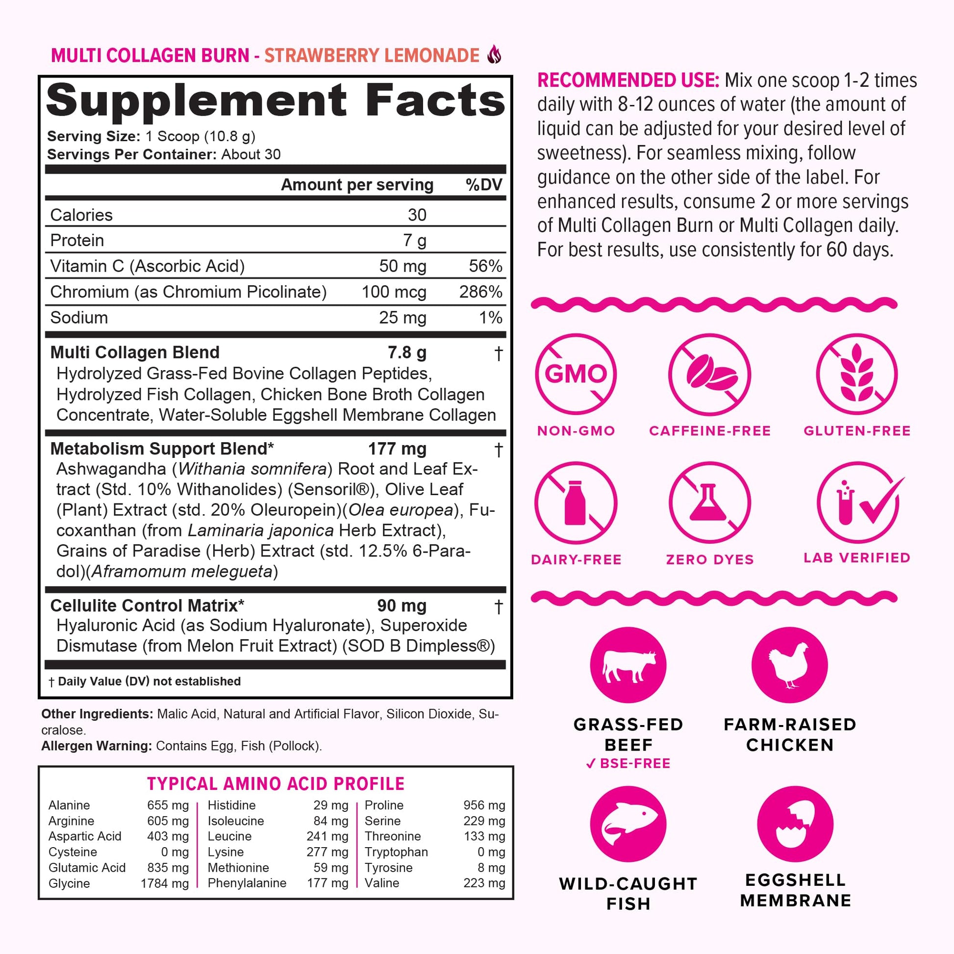 Multi Collagen Burn: Hydrolyzed Protein Peptides with Hyaluronic Acid, Vitamin C, SOD B Dimpless, Types I, II, III, V and X, Caffeine-Free Strawberry - dailyvitalstore
