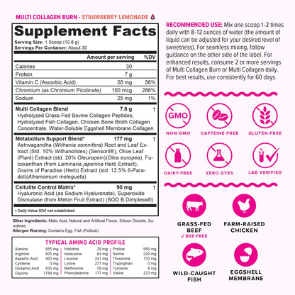 Multi Collagen Burn: Hydrolyzed Protein Peptides with Hyaluronic Acid, Vitamin C, SOD B Dimpless, Types I, II, III, V and X, Caffeine-Free Strawberry - dailyvitalstore
