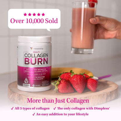 Multi Collagen Burn: Hydrolyzed Protein Peptides with Hyaluronic Acid, Vitamin C, SOD B Dimpless, Types I, II, III, V and X, Caffeine-Free Strawberry - dailyvitalstore