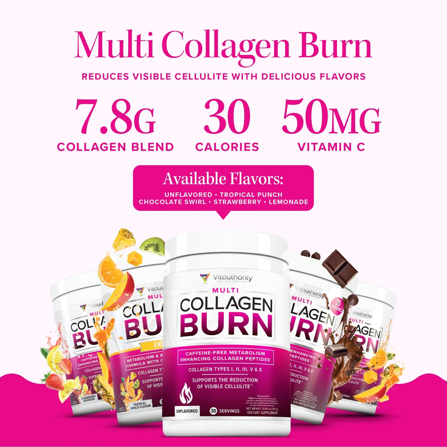 Multi Collagen Burn: Hydrolyzed Protein Peptides with Hyaluronic Acid, Vitamin C, SOD B Dimpless, Types I, II, III, V and X, Caffeine-Free Strawberry - dailyvitalstore