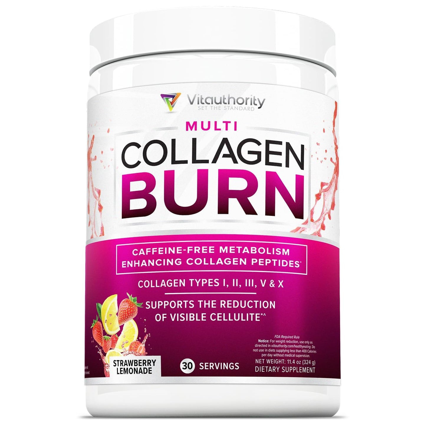 Multi Collagen Burn: Hydrolyzed Protein Peptides with Hyaluronic Acid, Vitamin C, SOD B Dimpless, Types I, II, III, V and X, Caffeine-Free Strawberry - dailyvitalstore