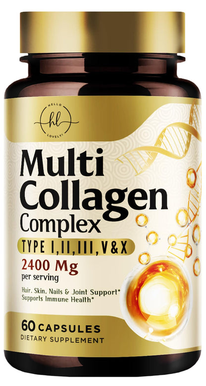 Multi Collagen Peptides for Women & Men - 2400mg per Serving - Best Hydrolyzed Collagen Complex with Type I, II, III, V, X - Hair, Skin, Nails & Joint Support Supplement - Bottled USA - 60 Capsules - dailyvitalstore