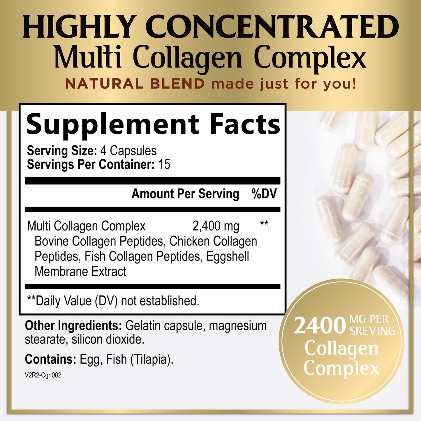 Multi Collagen Peptides for Women & Men - 2400mg per Serving - Best Hydrolyzed Collagen Complex with Type I, II, III, V, X - Hair, Skin, Nails & Joint Support Supplement - Bottled USA - 60 Capsules - dailyvitalstore