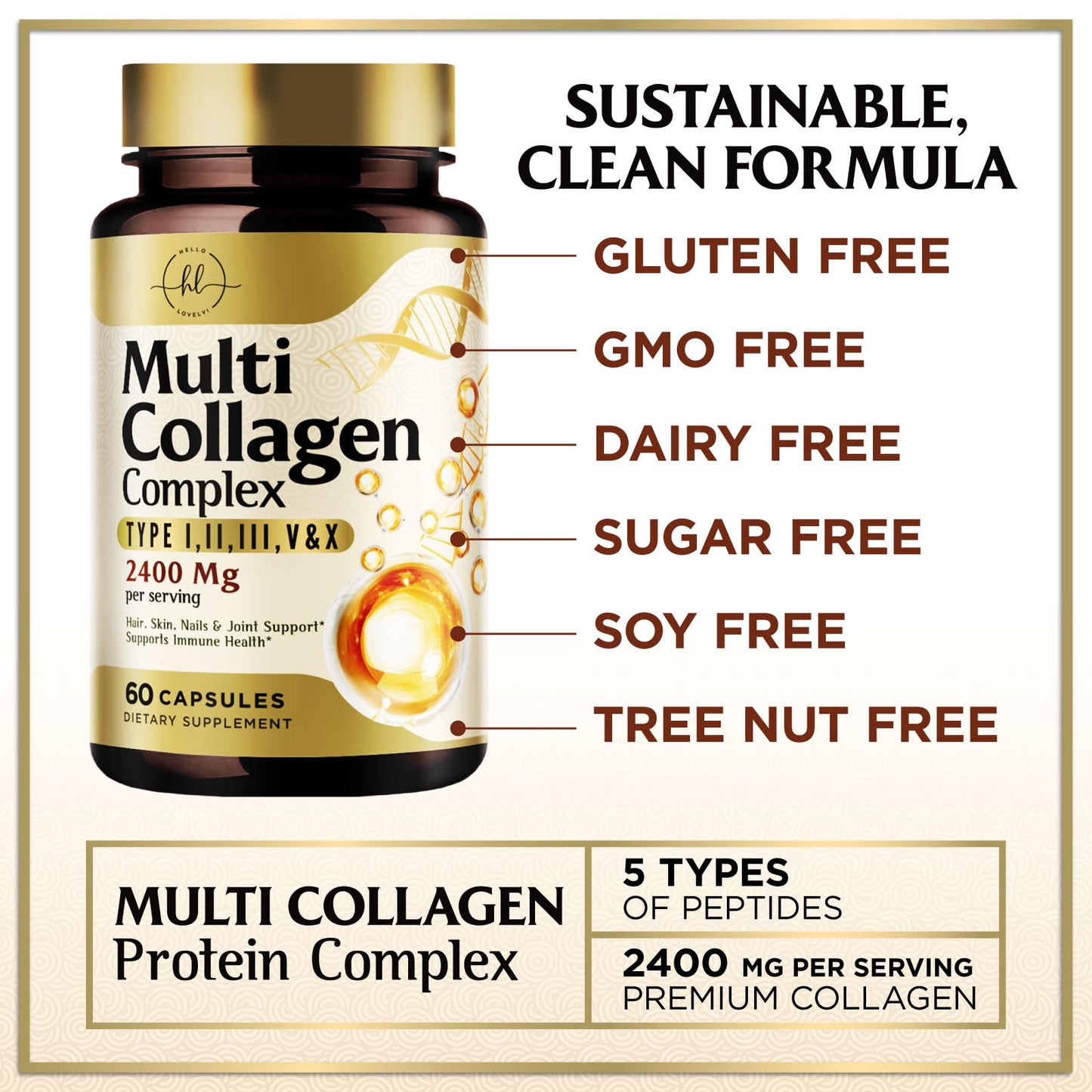 Multi Collagen Peptides for Women & Men - 2400mg per Serving - Best Hydrolyzed Collagen Complex with Type I, II, III, V, X - Hair, Skin, Nails & Joint Support Supplement - Bottled USA - 60 Capsules - dailyvitalstore