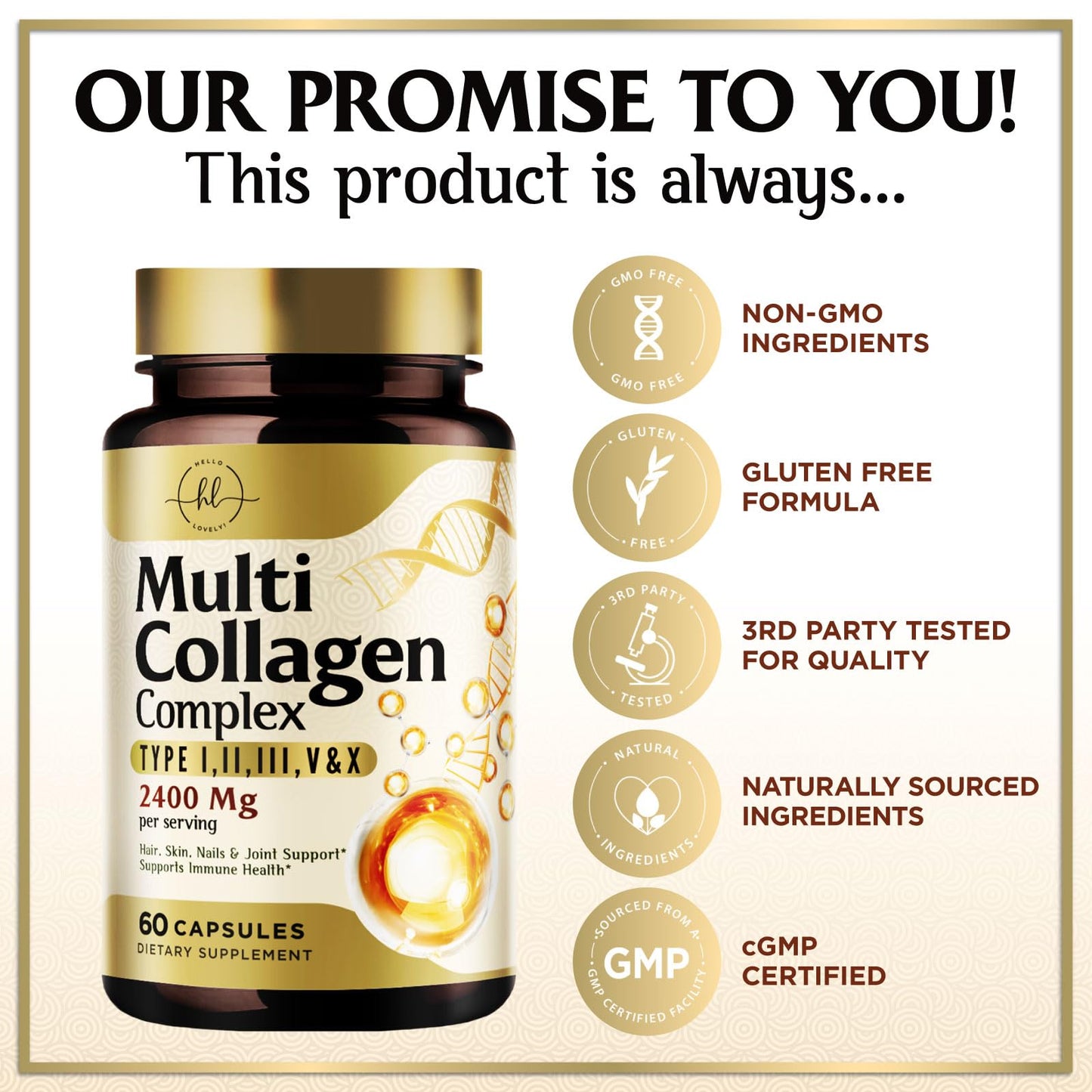 Multi Collagen Peptides for Women & Men - 2400mg per Serving - Best Hydrolyzed Collagen Complex with Type I, II, III, V, X - Hair, Skin, Nails & Joint Support Supplement - Bottled USA - 60 Capsules - dailyvitalstore