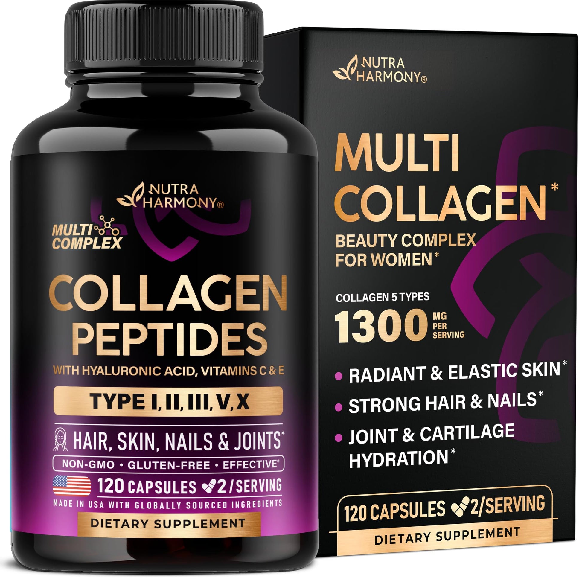 Multi Collagen Peptides - Hydrolyzed Types I, II, III, V & X - Collagen Supplement for Women 1300mg - w/ Hyaluronic Acid, Vitamins C & E - Skin, Hair - dailyvitalstore