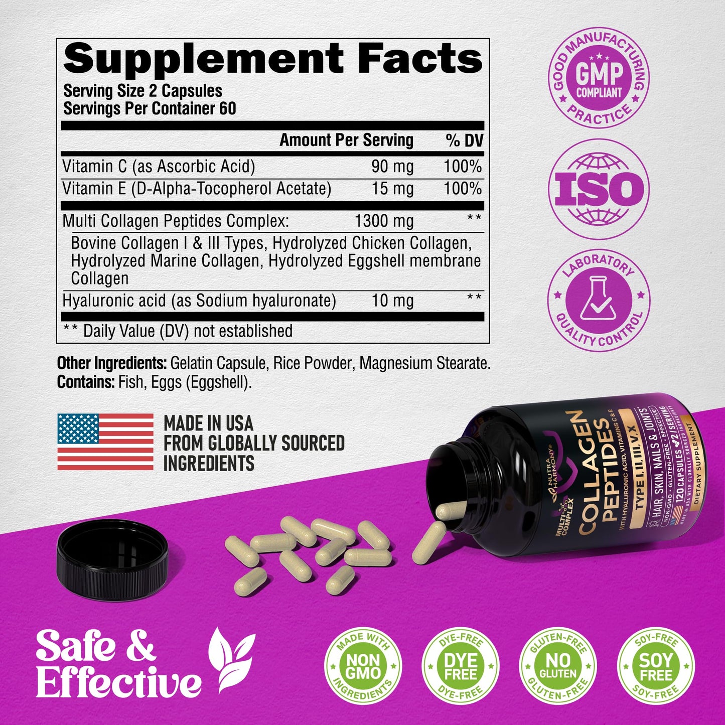 Multi Collagen Peptides - Hydrolyzed Types I, II, III, V & X - Collagen Supplement for Women 1300mg - w/ Hyaluronic Acid, Vitamins C & E - Skin, Hair, Nails & Joint Support - Made in USA, 120 Capsules - dailyvitalstore